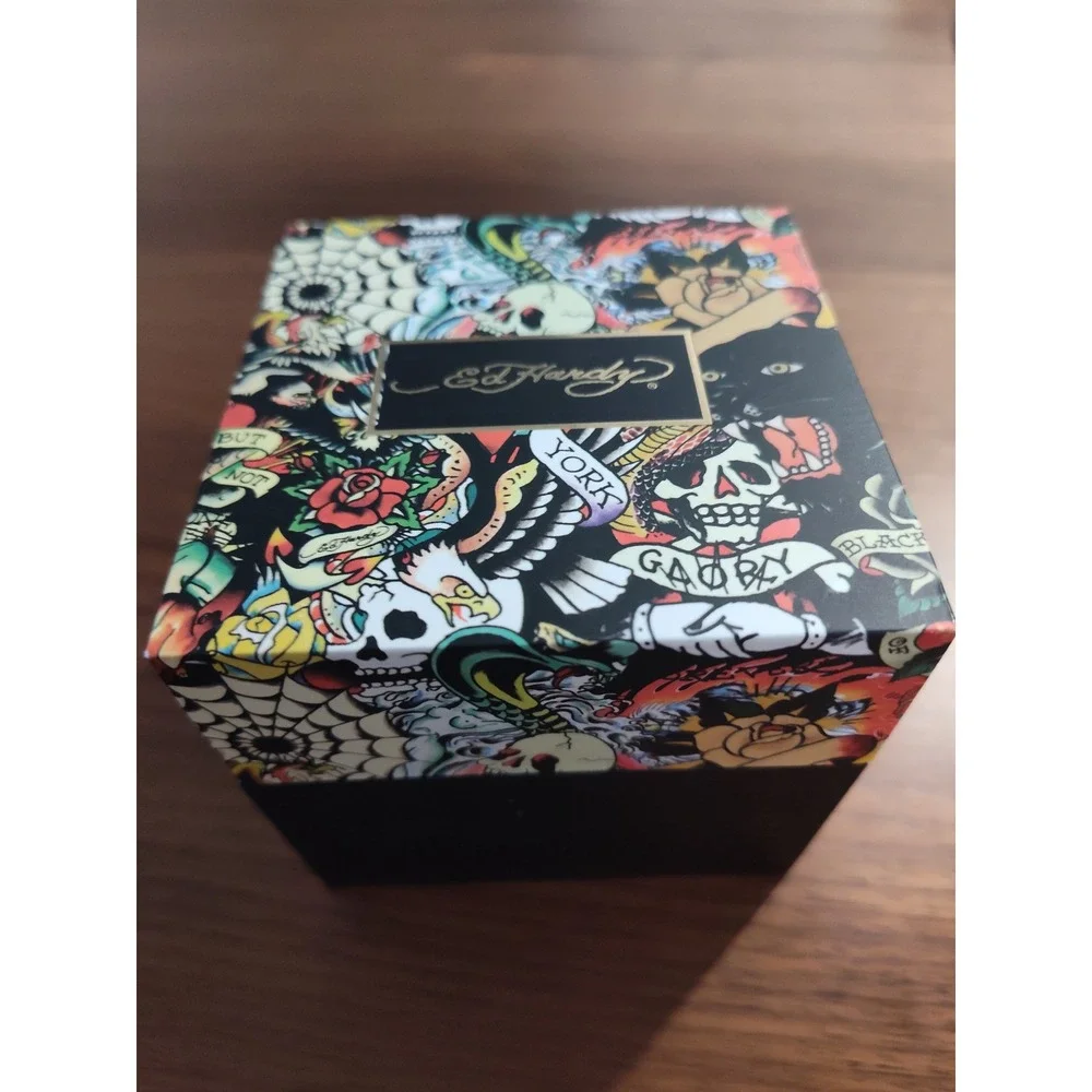 Ed Hardy Mens Gold Tone Chronograph Watch Black Dial Stainless Steel Bracelet